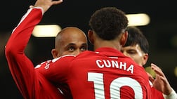 Manchester United's Bryan Mbeumo celebrates scoring against Spurs. Reuters