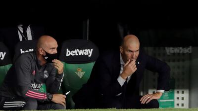 Real Madrid coach Zinedine Zidane reacts during the game. EPA