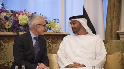 Sheikh Mohammed bin Zayed, Crown Prince of Abu Dhabi Deputy Supreme Commander of the Armed Forces, meets with Jürgen Stock Secretary General of Interpol, during a Sea Palace barza. Mohamed Al Suwaidi / Crown Prince Court - Abu Dhabi