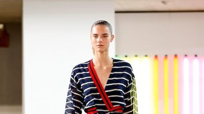 Stripes (Preen by Thornton Bregazzi): The absolute opposite of the florals and jewelled embellishments that have been popular for so long, the stripe felt fresh and no-nonsense, whether as a mere highlight on a pocket at Jasper Conran or in giant crocheted bands at Sibling. Preen, though, based its whole collection on many iterations of the stripe, from flowing navy, white and red layers perfect for St Tropez lounging, to waistband and neckline accents adding a graphic edge to flowing romantic prints, and finally deconstructed stripes chopped into fringing and appliquéd to a little black dress. Tristan Fewings / Getty Images