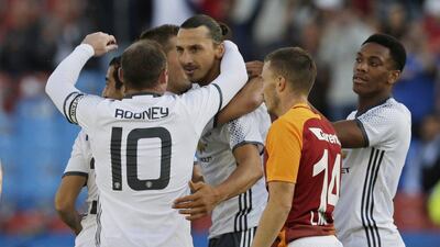 Manchester United’s Zlatan Ibrahimovic celebrates with teammates after scoring their first goal in the pre-season friendly match between Galatasaray and Manchester United, at Ullevi Stadium, Gothenburg, Sweden, 30 July 2016. Henry Browne / Action Images / Reuters