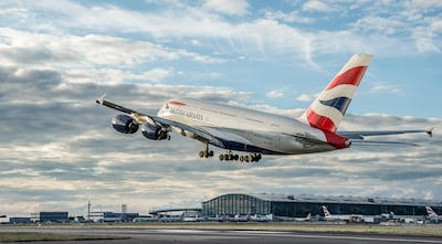 British Airways Airbus A380 at take off with Heathrow Airport Terminal 5 in the background, in 2013. Photo: Heathrow