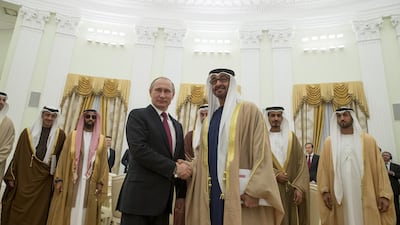 Sheikh Mohammed bin Zayed, Crown Prince of Abu Dhabi Deputy Supreme Commander of the Armed Forces, greets Vladimir Putin President of Russia at Kremlin Palace, during an official visit to Russia. Seen with Sheikh Abdullah bin Zayed, Minister of Foreign Affairs and International Cooperation, Sheikh Tahnoon bin Zayed, National Security Advisor, Mohammed Al Mazrouei, Undersecretary of the Crown Prince Court of Abu Dhabi and Ali Al Shamsi, Deputy Secretary-General of the Supreme National Security Council. Mohamed Al Hammadi / Crown Prince Court - Abu Dhabi
