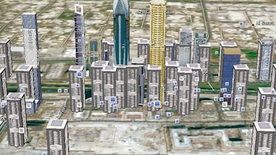 The Google Earth replication of the Sheikh Zayed Road skyline.