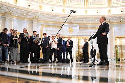Russian President Vladimir Putin speaks to the media after the summit of Caspian Sea littoral states in Ashgabat, Turkmenistan, on Thursday. AP Photo