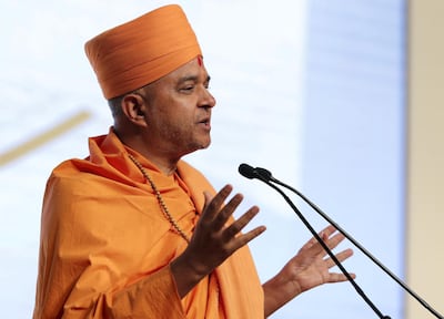 Abu Dhabi, United Arab Emirates - February 03, 2019: H.E. Swami Brahmavihari speaks in the second session at the Global Conference of Human Fraternity. Sunday the 3rd of February 2019 at Emirates Palace, Abu Dhabi. Chris Whiteoak / The National