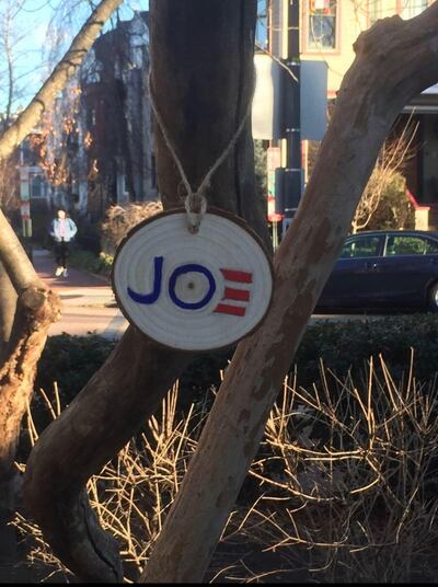 Elaine Billie's hand painted decoration hangs from a tree in the LeDroit Park Neighbourhood of Washington. Courtesy of Elaine Billie