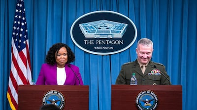 Department of Defense spokesperson Dana White (L) and Joint Staff director Marine Lt. Gen. Kenneth F. McKenzie Jr. (R) speak to the media about the US-led bombing campaign against Syria inside the Pentagon briefing room in Arlington, Virginia, USA, 14 April 2018. The US, France, and Britain launched strikes against Syria early Saturday morning in response to Syria's suspected chemical weapons attack. EPA / JIM LO SCALZO