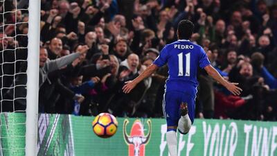 Chelsea’s Pedro celebrates after scoring their fifth goal. Ben Stansall / AFP
