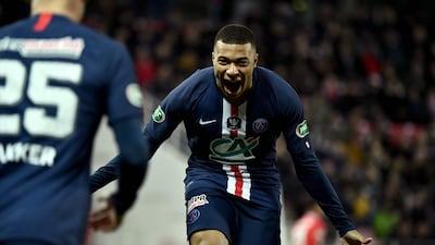Kylian Mbappe celebrates after an own goal by a Dijon player during the French Cup quarter finals. AFP