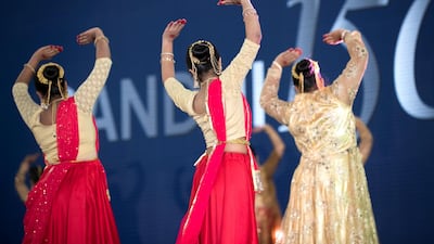Indian cultural dances performed ahead of Rahul Gandhi's speech today at Dubai International Cricket Stadium. Reem Mohammed/The National
