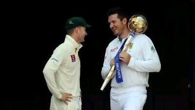 Michael Clarke, left, and Graeme Smith kept it professional at the presentation ceremony yesterday.