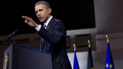 US President Barack Obama delivers a speech at the Palais des Beaux-Arts in Brussels on March 26. Obama said Russia stood "alone" on the Ukraine crisis as he paid his first ever visit to European Union headquarters, cementing Western opposition to the takeover of Crimea. Saul Loeb / AFP PHOTO