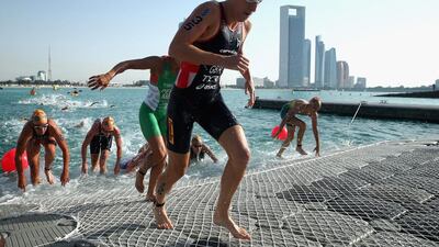 Jodie Stimpson of Great Britain leaves the water during the Elite Women’s 2016 ITU World Triathlon Abu Dhabi on March 5, 2016 in Abu Dhabi, United Arab Emirates. (Photo by Warren Little/Getty Images)