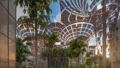 The Thematic Districts comprise 86 permanent buildings spread over three separate ‘petals’, housing 136 participating countries.