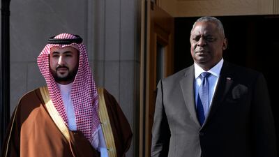 US Defence Secretary Lloyd Austin and Saudi Defence Minister Prince Khalid bin Salman attend a Pentagon arrival ceremony. AP