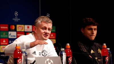 Manchester United imanager Ole Gunnar Solskjaer, left, with defender Victor Lindelof during Tuesday's news conference. Action Images via Reuters