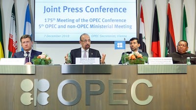 Suhail Al Mazrouei, UAE Minister of Energy and Infrastructure, Mohammad Sanusi Barkindo, Opec Secretary General, Khalid Al Falih and Alexander Novak, also of Opec, hold a press conference after a meeting in Vienna, 2018. EPA