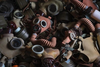 Gas masks distributed to Saudi citizens during the first Gulf War, now part of an art installation at Riyadh's Red Palace. Courtesy Sultan bin Fahd bin Nasser.