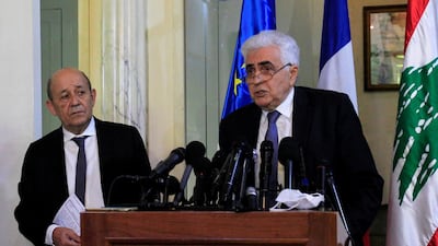 Lebanon's Foreign Minister Nassif Hitti speaks during a news conference with French Foreign Affair Minister Jean-Yves Le Drian at the Ministry of Foreign Affairs in Beirut, Lebanon July 23, 2020. Reuters