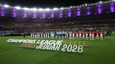 The Machida Zelvia and Shabab Al Ahli players line-up prior to the AFC Champions League semi-final match at Prince Abdullah Al Faisal Stadium. Getty Images