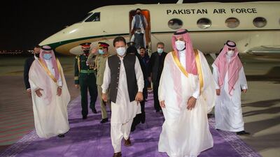 Saudi Crown Prince Mohammed bin Salman welcomes Pakistan's Prime Minister Imran Khan at King Abdulaziz International Airport. Saudi Press Agency