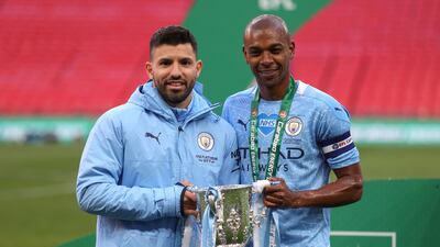 Sergio Aguero and Fernandinho after the match. Getty