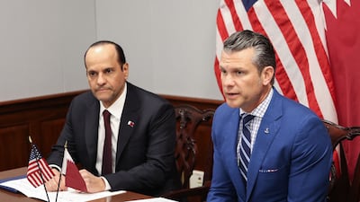 US Defence Secretary Pete Hegseth and Qatari Defence Minister Sheikh Saoud Al Thani at the Pentagon after signing a letter of acceptance to build a Qatari Emiri Air Force training centre in Idaho. AFP