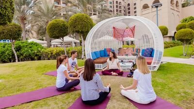 Take part in a sound relaxation class at Fairmont The Palm that includes gongs and singing bowls. Courtesy Fairmont The Palm
