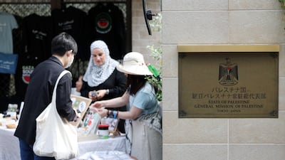 Palestinians in Japan hold a fundrasing and awareness event at the Palestine embassy. Tokyo, Japan. Chris Whiteoak / The National