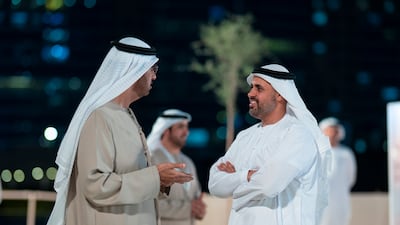 Sheikh Theyab bin Mohamed, chairman of the Office of Development and Martyrs Families Affairs at the Presidential Court, with Dr Sultan Al Jaber at the launch in Khalidiyah