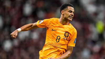 Netherlands striker Cody Gakpo celebrates after scoring the opening goal in their 2-0 World Cup win over Qatar at Al Bayt Stadium on Tuesday, November 29, 2022. AP
