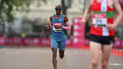 Mo Farah crosses the line in second place during the Vitality London 10,000m. Getty