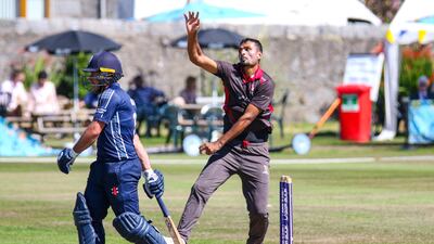UAE bowler Sabir Ali during the Cricket World Cup League 2 in Aberdeen. Image: Cricket Scotland