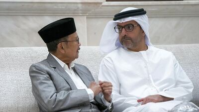 Sheikh Hamed bin Zayed Al Nahyan, Chairman of the Crown Prince Court of Abu Dhabi and Abu Dhabi Executive Council Member, right, speaks with Bacharuddin Jusuf Habibie, former President of Indonesia during an iftar reception at Al Bateen Palace.