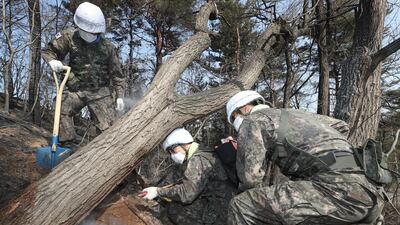 Soldiers try to put out embers from a fire on a mountain. Yonhap / EPA