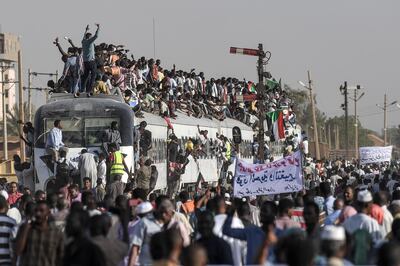 The passengers, who had travelled from the town of Atbara where the first protest against ousted President Omar Al Bashir erupted on December 19, chanted 'freedom, peace, justice'. AFP