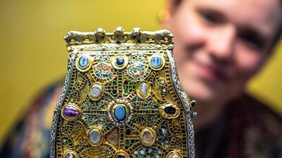The Burse of Enger, an 8th century pilgrim's bag made of gold and silver from the Treasure of St Dionysius' Abbey of Enger/Herford, on show as an exhibition in Paderborn, Germany. AP