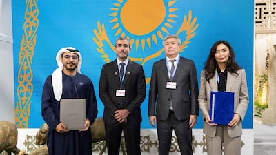 From left: Abdulla Zayed, Masdar’s director of business and project development, Sharif Al Olama, Undersecretary for Energy and Petroleum Affairs in the UAE’s Ministry of Energy and Infrastructure, Sungat Yessimkhanov, Kazakhstan’s Vice Minister of Energy and Gulzhan Nalibayeva, general director of the Financial Settlement Centre for Renewable Energy Sources Support, after the signing of the power purchase agreement at Cop29 in Baku. Photo: Masdar