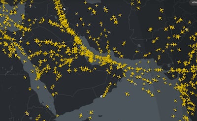 Air traffic seen over the Middle East on Friday afternoon. Image via Flightradar24.com