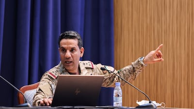 Saudi-led coalition spokesperson, Colonel Turki al-Malki speaks during a news conference in Riyadh, Saudi Arabia. Reuters