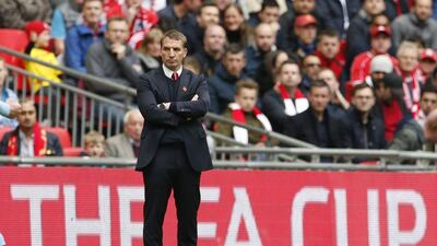 Liverpool manager Brendan Rodgers observes his side during their FA Cup semi-final loss to Aston Villa on Sunday. John Sibley / Action Images / Reuters