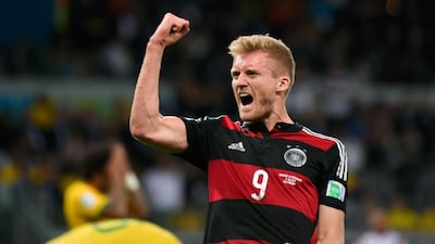 Germany's Andre Schuerrle celebrates after scoring his team's sixth goal in its 7-1 World Cup semi-final demolition of Brazil. Fabrice Coffrini / AFP