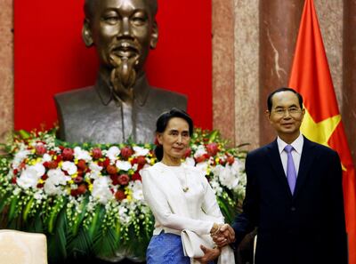 Myanmar's then state counsellor Aung San Suu Kyi meets Vietnam's then president, the late Tran Dai Quang, at an Asean-linked summit in Hanoi in 2018. Reuters