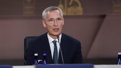 Mr Stoltenberg speaks during the summit. EPA