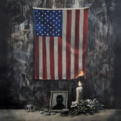 The full work depicts a candle burning the US flag. Instagram / Banksy