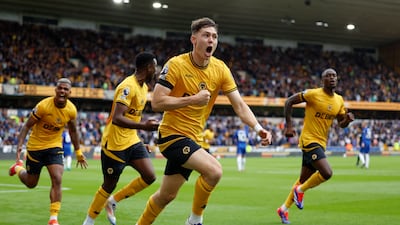 Wolverhampton Wanderers' Jorgen Strand Larsen celebrates scoring their second goal. Action Images