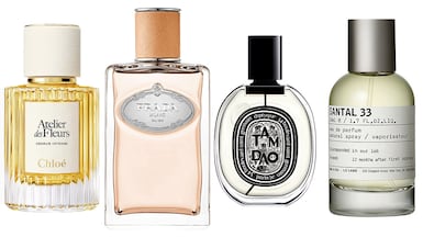 Woody and warm scents are ideal for summer evenings. Photo: Chloe, Prada, Diptyque, Le Labo