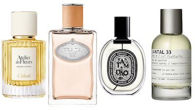 Woody and warm scents are ideal for summer evenings. Photo: Chloe, Prada, Diptyque, Le Labo