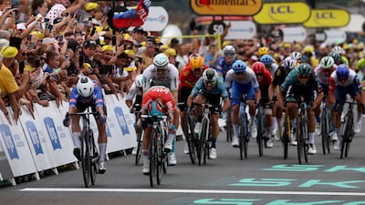 Alpecin-Deceuninck rider Jasper Philipsen beats Lotto Dstny's Caleb Ewan to the line. EPA